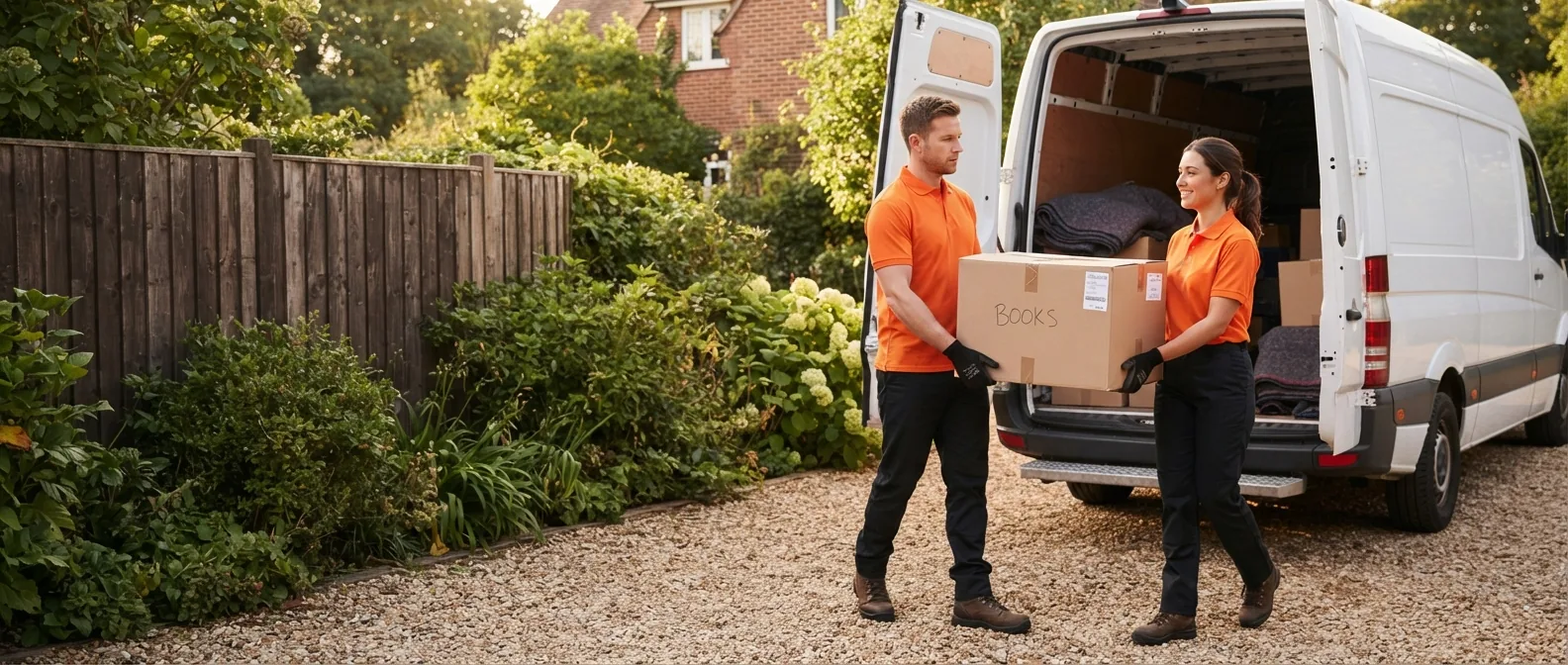 Movers carefully carrying protected belongings to a vehicle