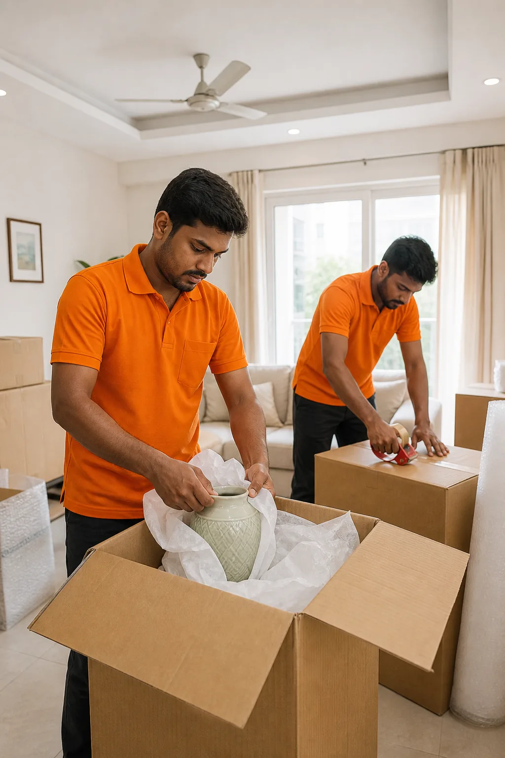 Two professional movers carefully packing fragile household items in a Hyderabad home