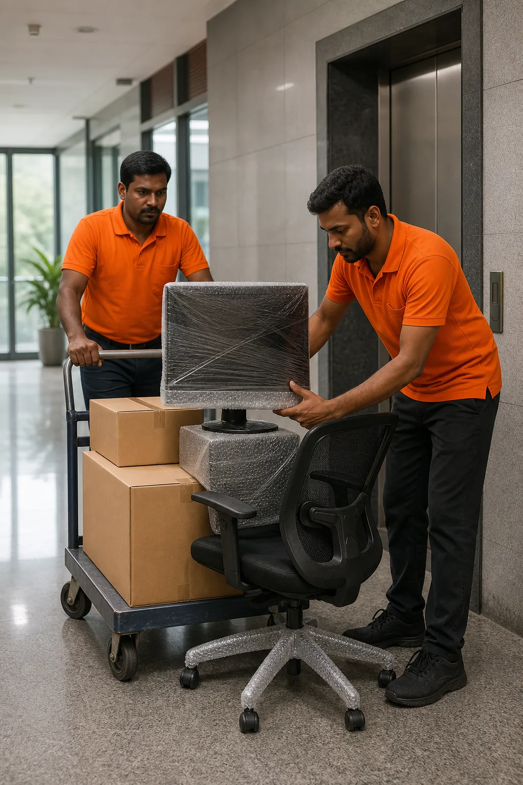 Professional movers protecting office equipment during an office relocation
