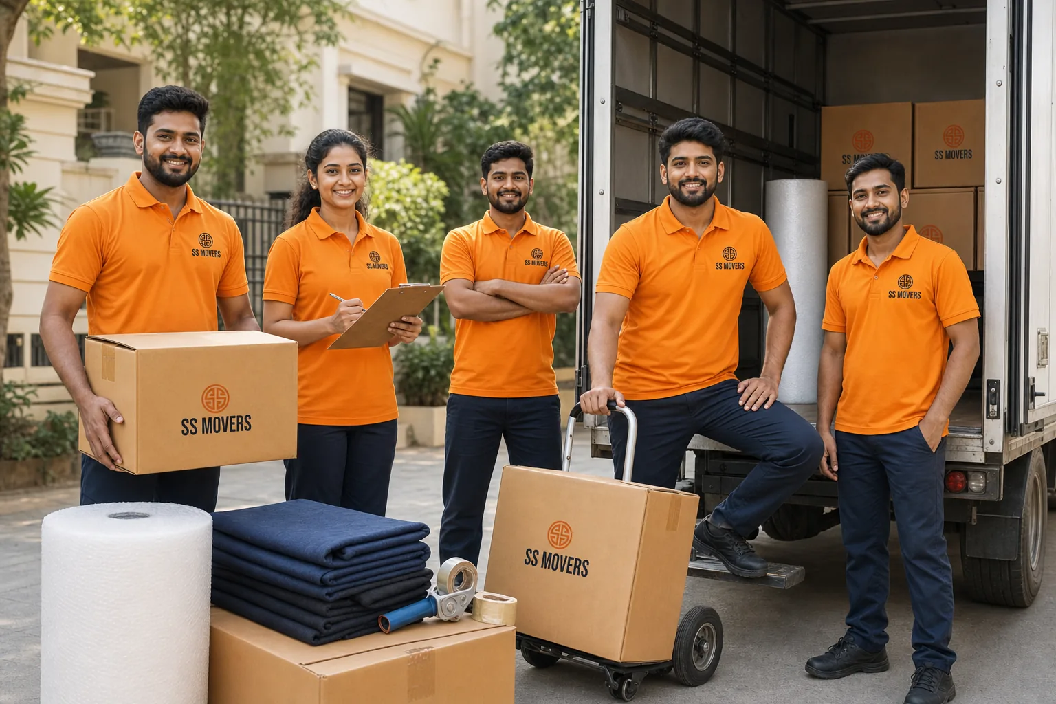 SS Movers Hyderabad moving specialists with packing supplies and a moving truck