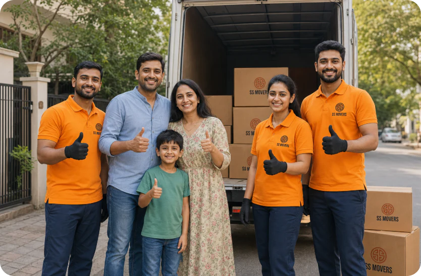 A family and SS Movers crew beside their packed moving truck