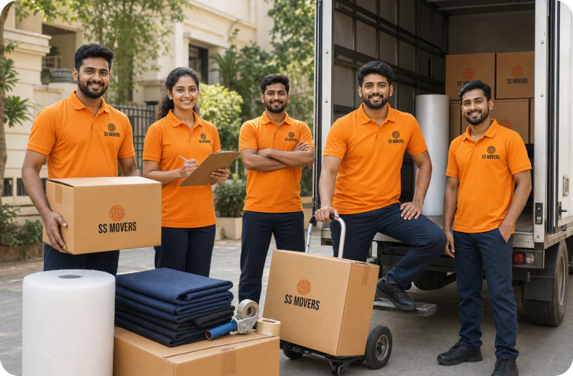 SS Movers crew beside a moving truck with boxes and packing supplies