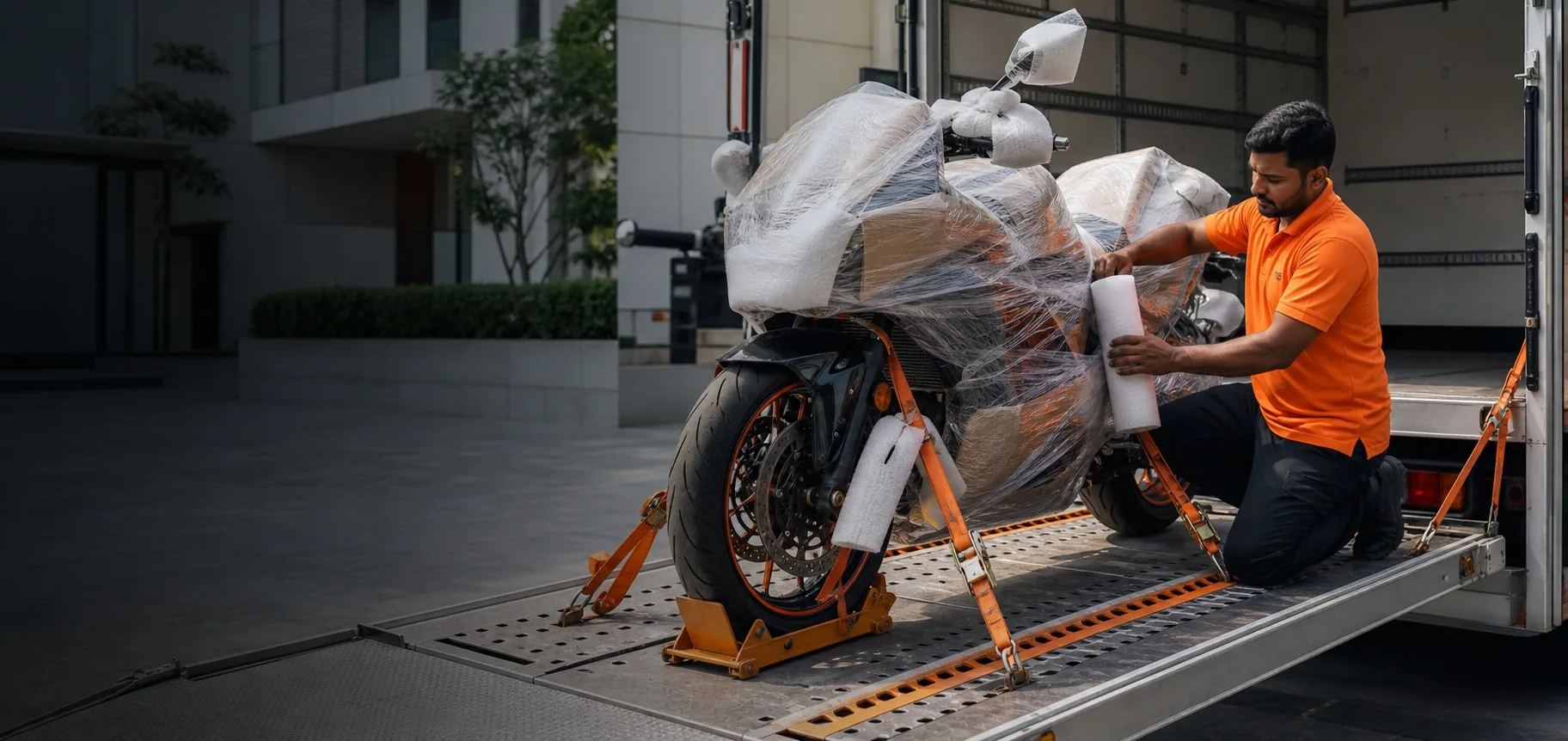 SS Movers specialist protecting a motorcycle for secure carrier transport