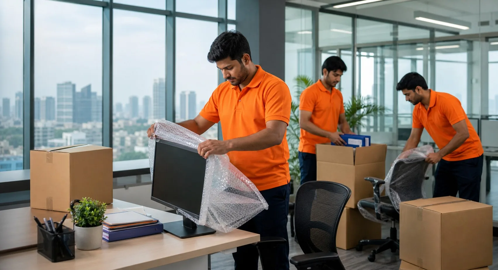 SS Movers professional carefully packing office equipment for a corporate relocation