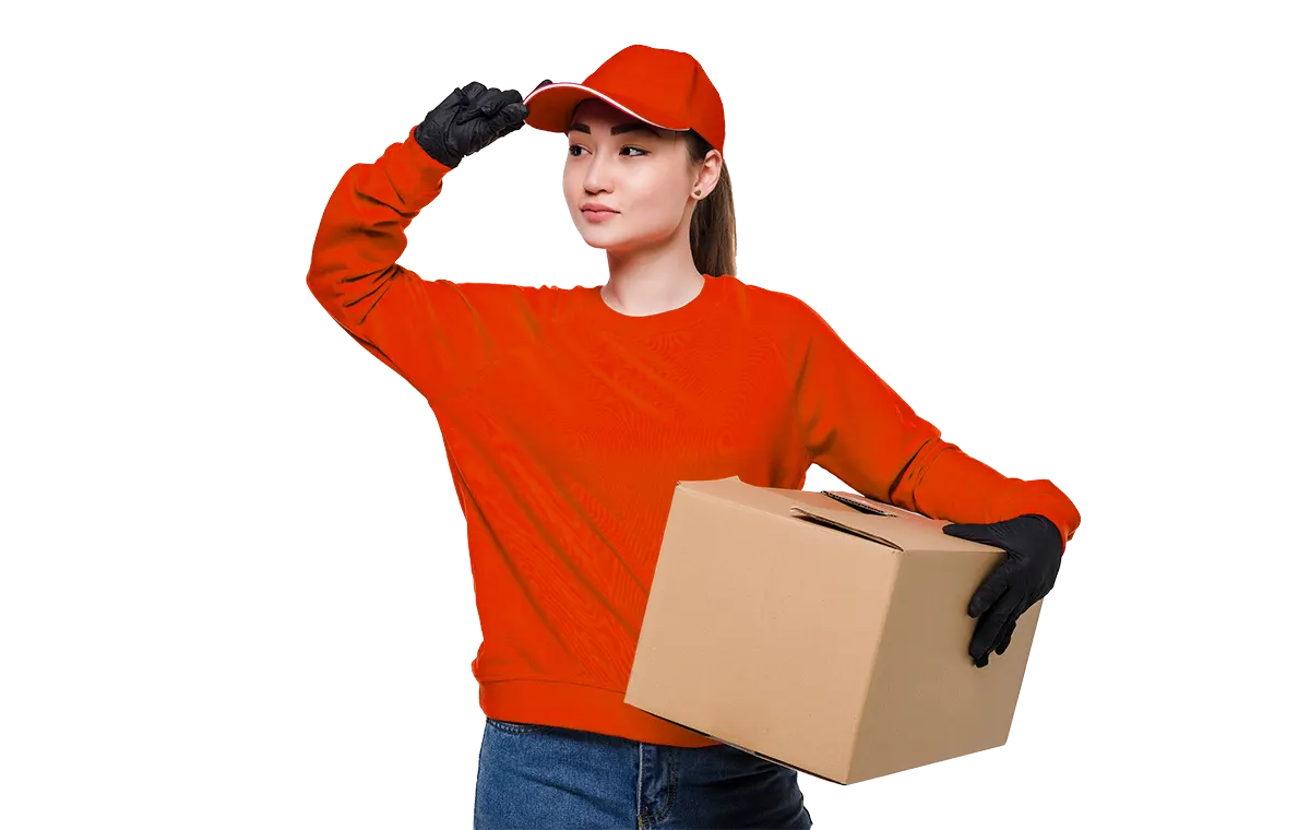 SS Movers worker holding cardboard box in uniform